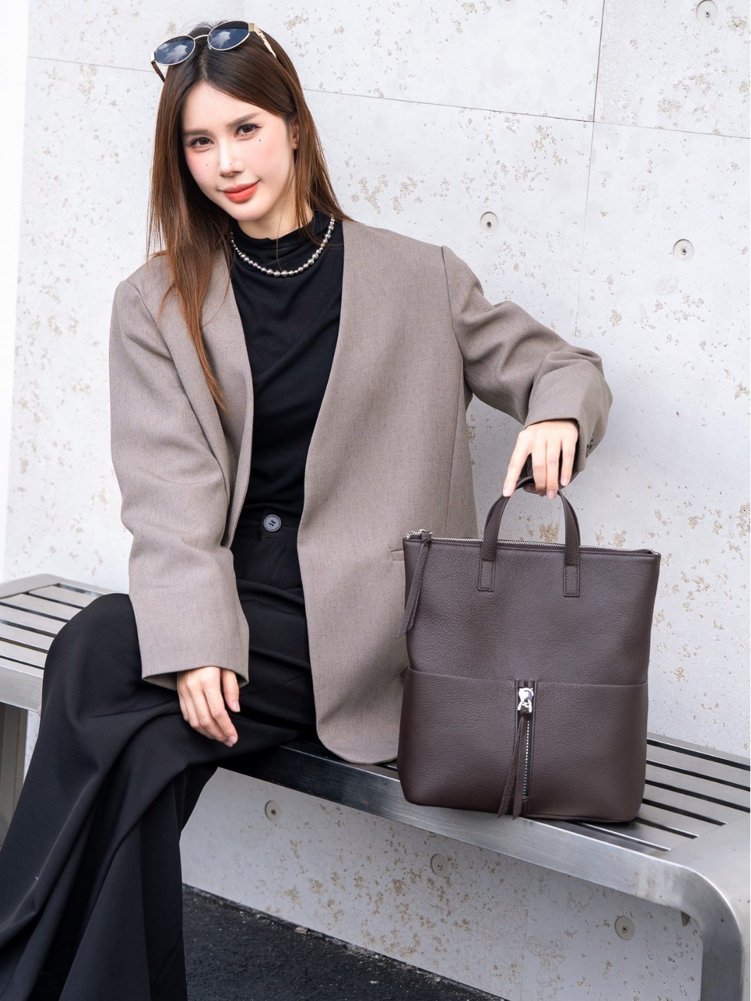 Women's Black Leather Front Zip Detail Tote Backpack