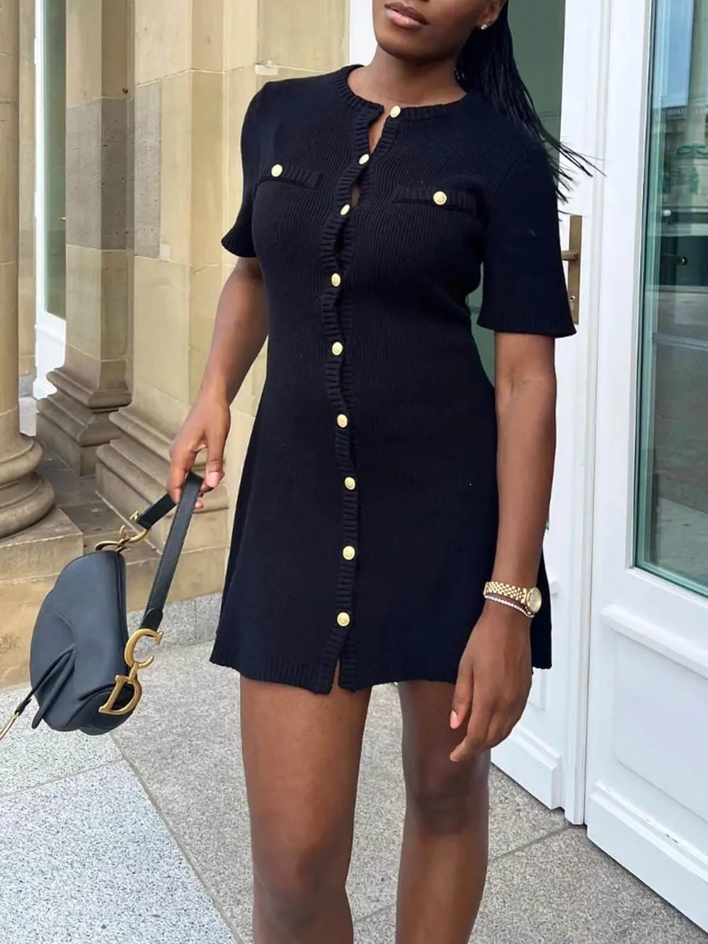 Delicate Short Sleeve Button Knit Mini Dress