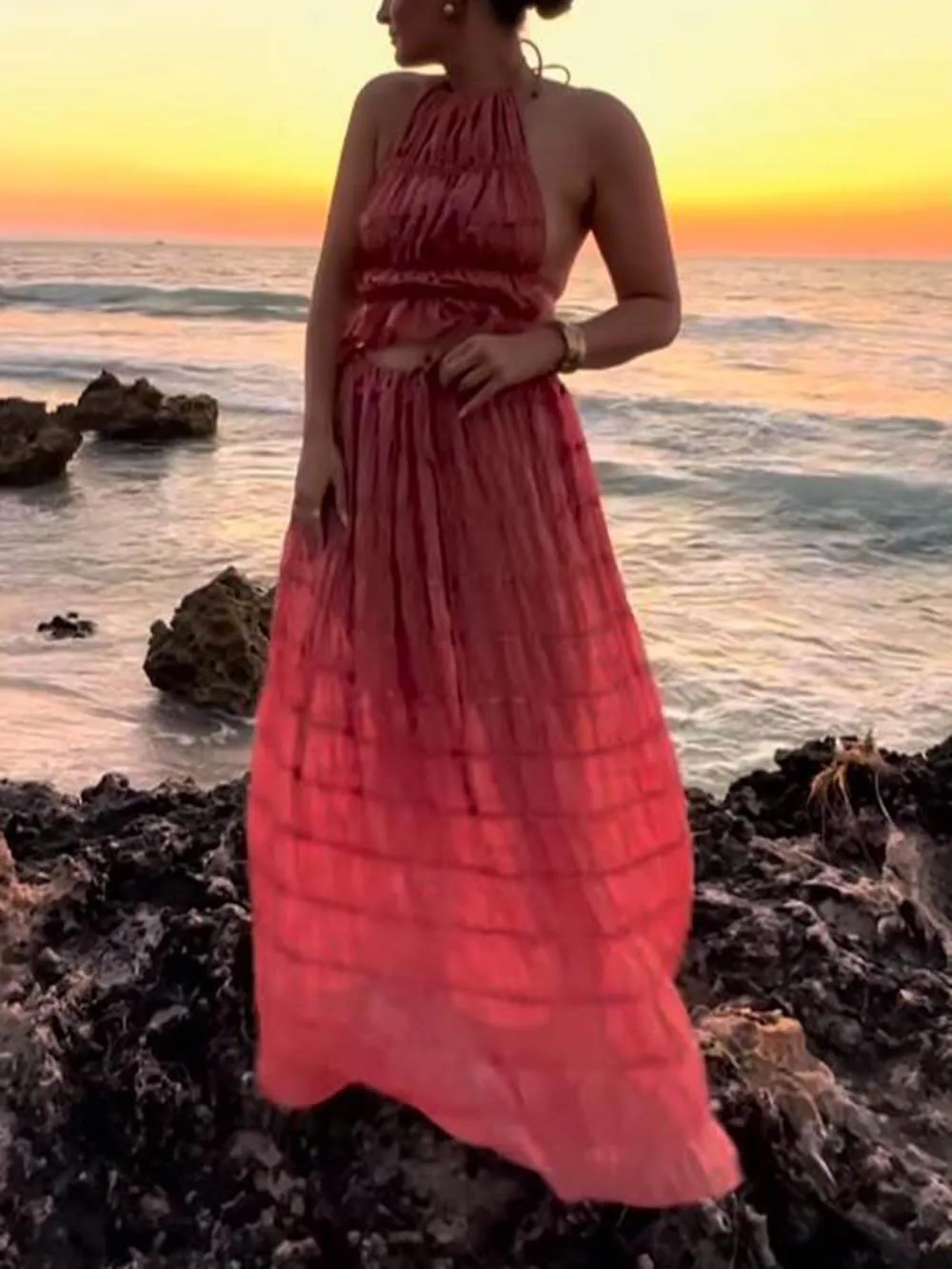 Charm Pleated Drawstring Waist Tiered Maxi Skirt