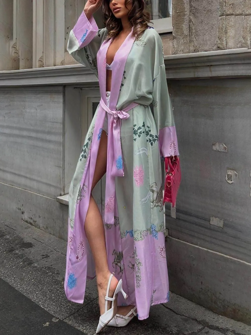 Relaxed Holiday Loose Long-Sleeved Satin Robe Dress