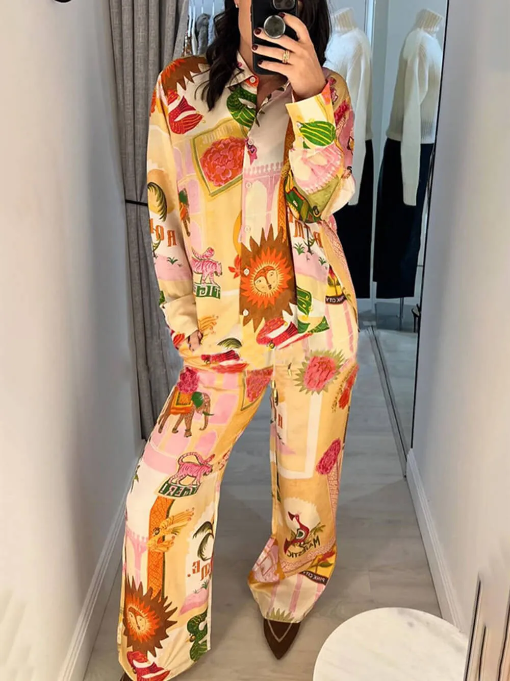 Unique Printed Casual Shirt Top and Elastic Waist Loose Pants Sets