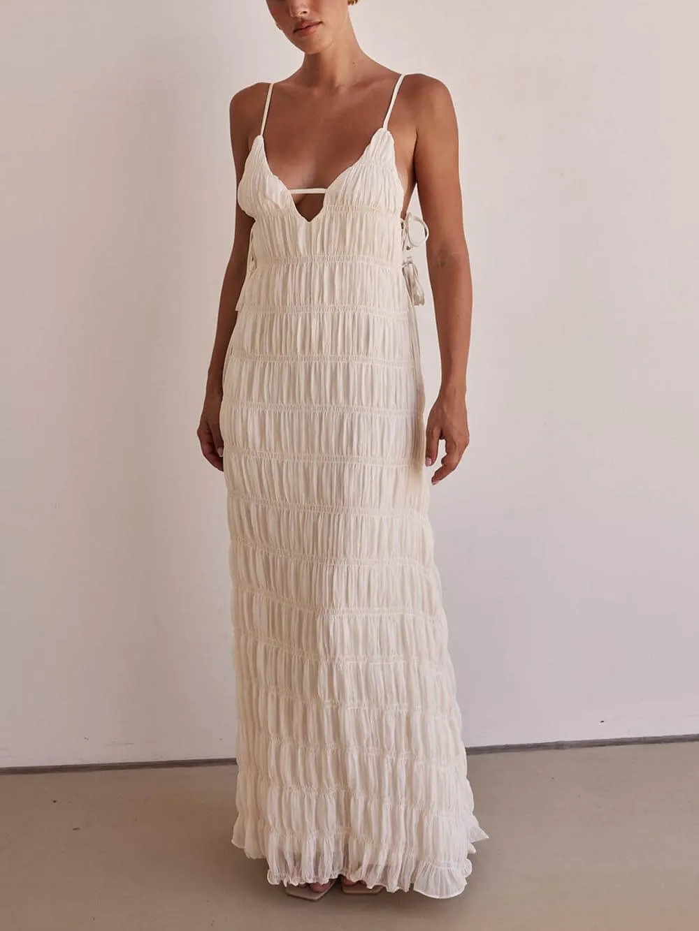Elegant Pleated Lace-Up Adjustable Straps Loose Maxi Dress