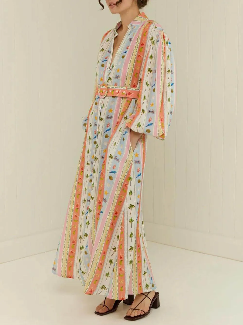 Unique Personalized Printed Casual Linen Cardigan Maxi Dress