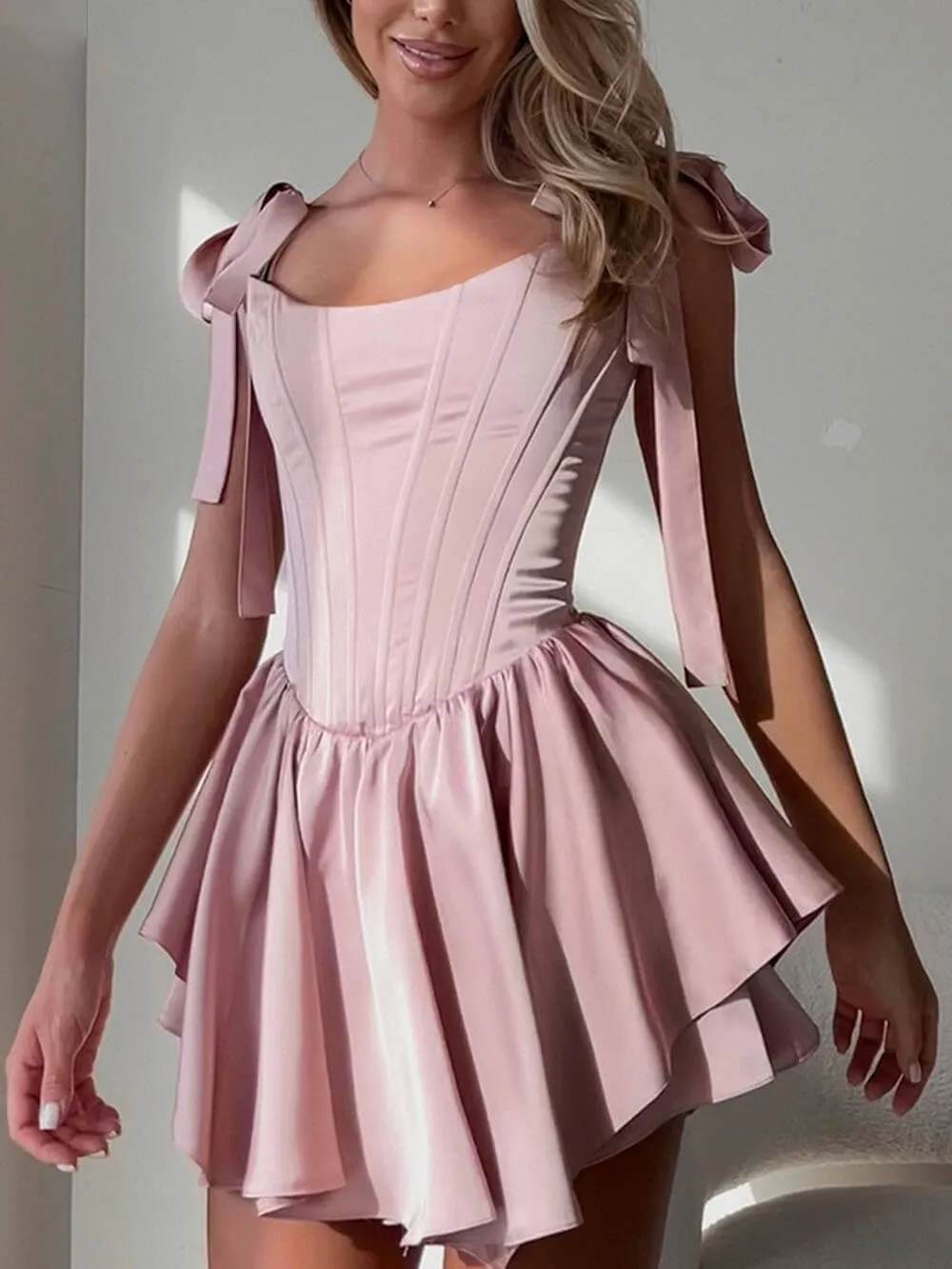 Party Waist Bow Satin Party Mini Dress