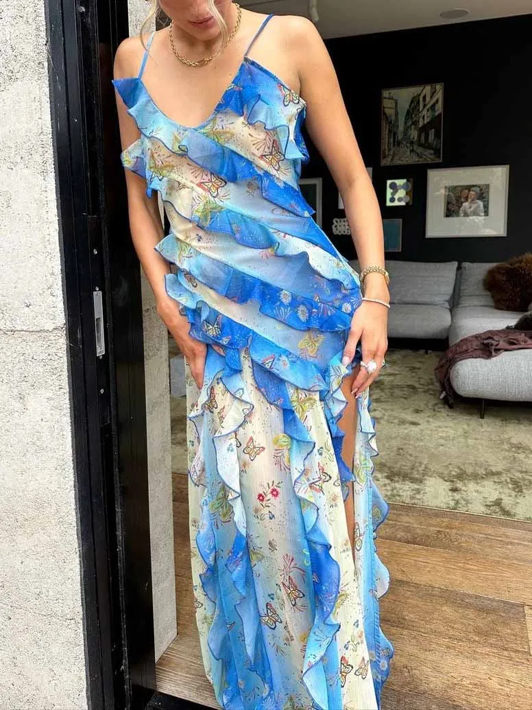Delicate Butterfly Gradient Print Ruffle Ribbon Maxi Dress