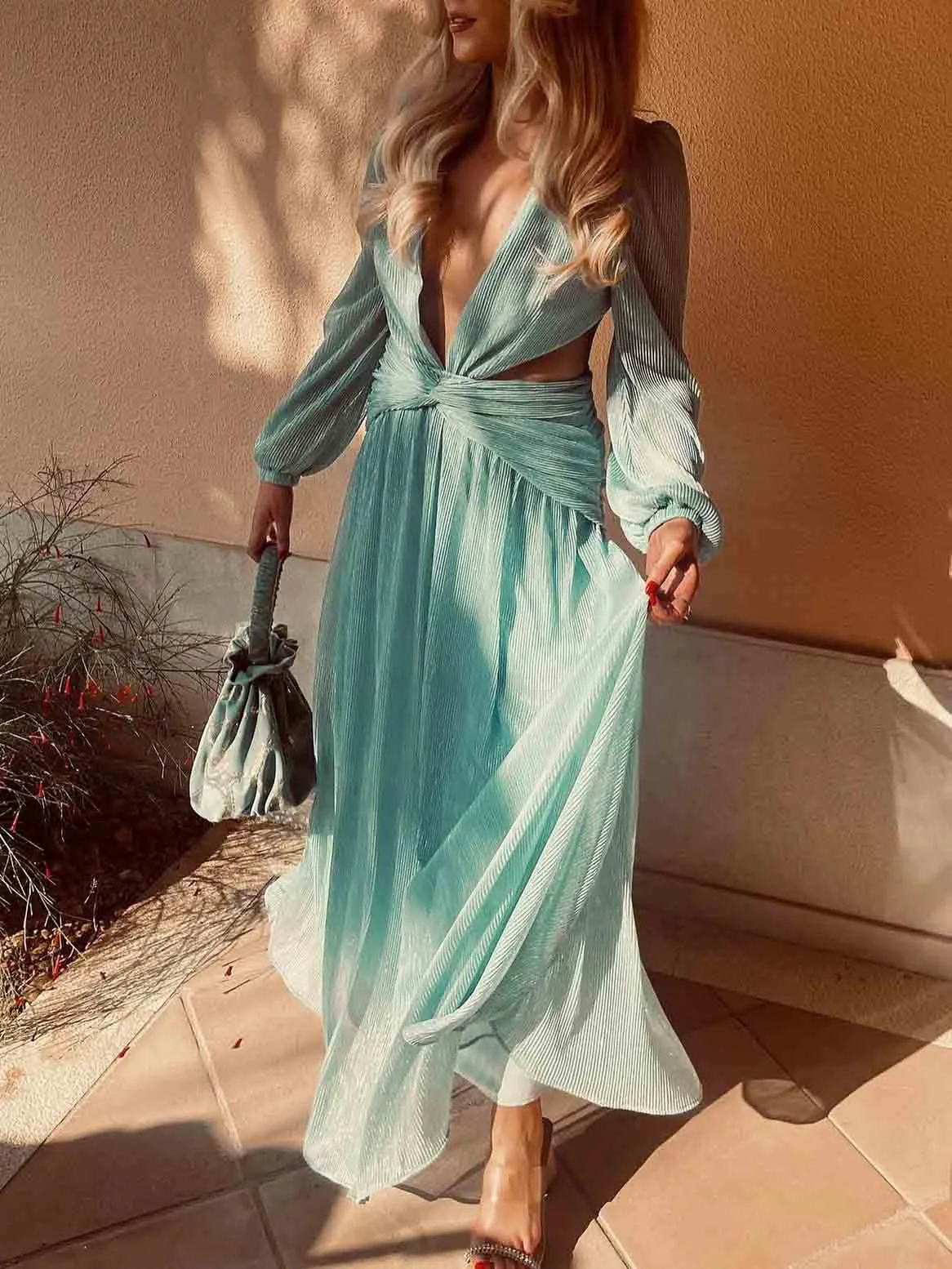 Elegant Deep V Neck Cutout Pleated Maxi Dress