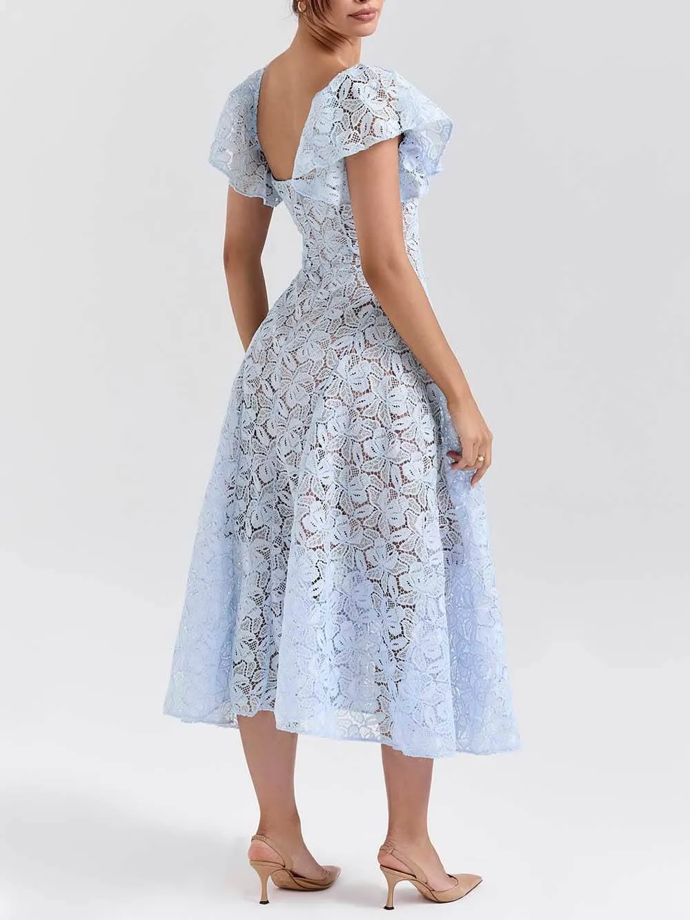 Romantic Bluebell Lace Butterfly Sleeve Sweetheart Neck Stretch Midi Dress