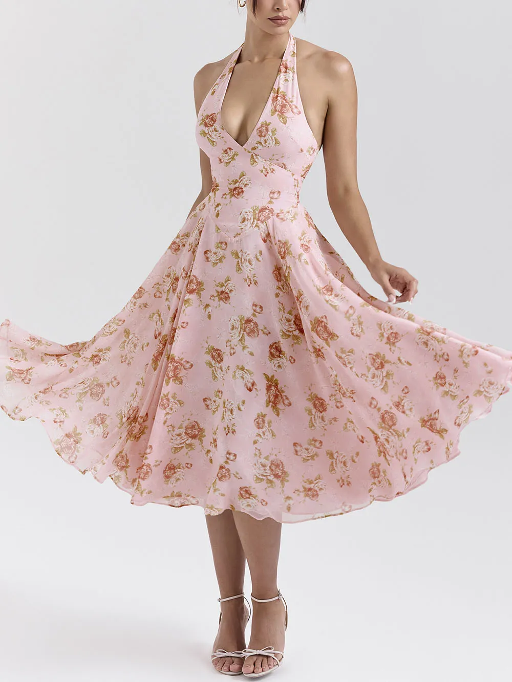 Exquisite Retro V-Neck Rose Print Midi Dress