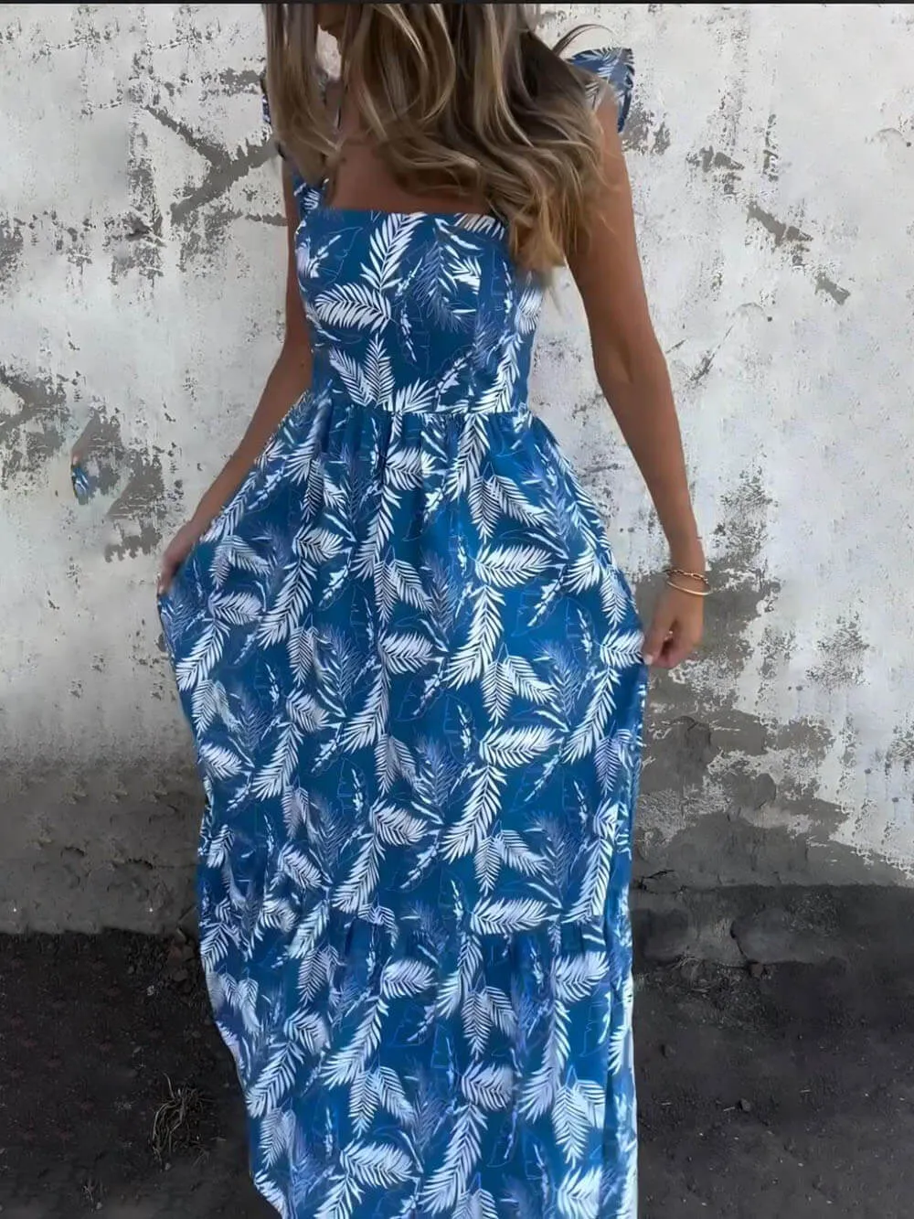 Elegant Hollow Tie Feather Print Ruffle Sleeve Maxi Dress