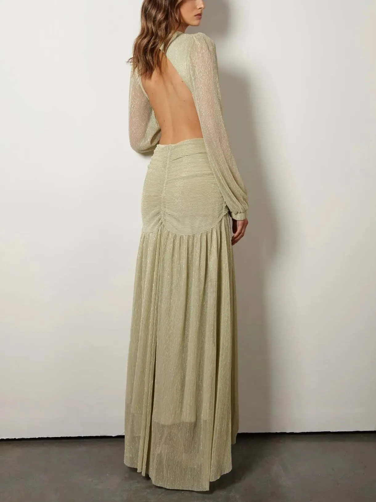 Elegant Deep V Neck Cutout Pleated Maxi Dress