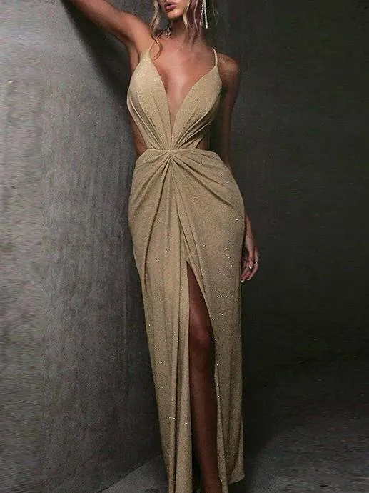 Sparkling Deep V Sling Slit Backless Dress
