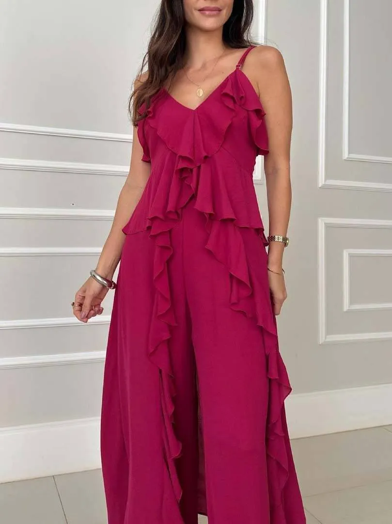 Ruffle Hem Suspender Top And Wide-leg Pants Suit