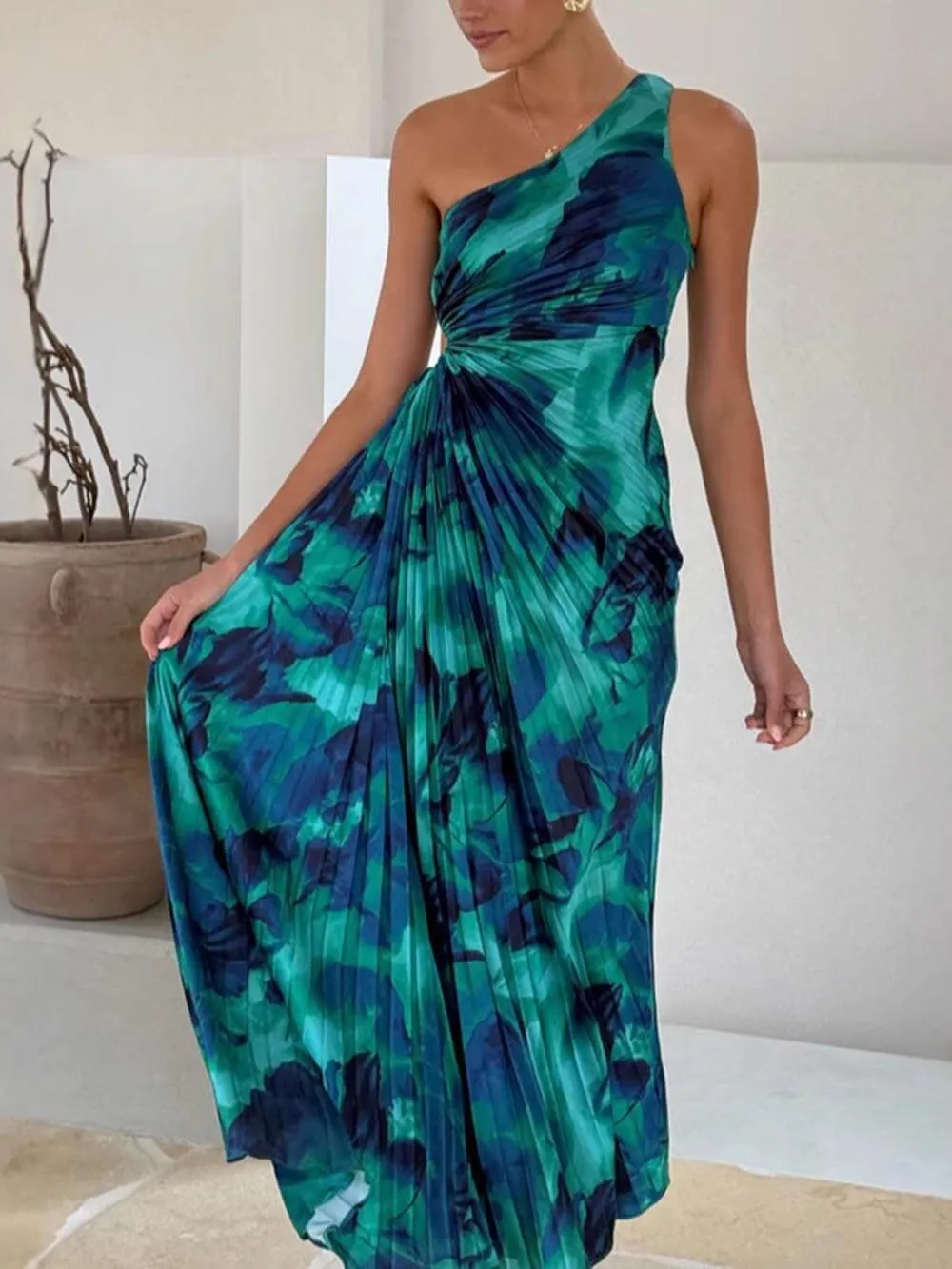 Sexy Slash Shoulder Sleeveless Printed Slit Dress