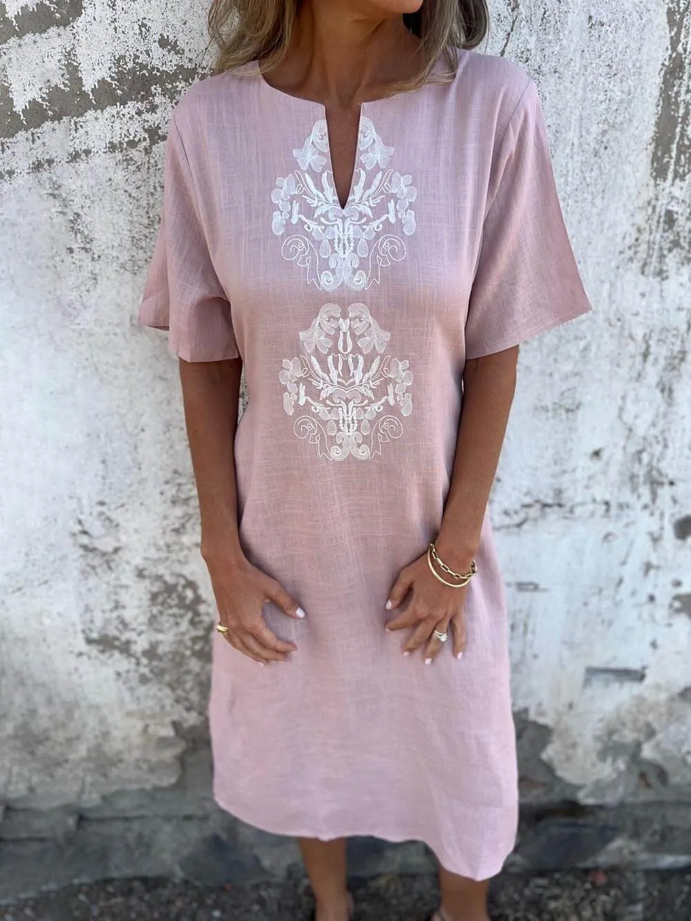 Bohemian Print Linen Loose Midi Dress