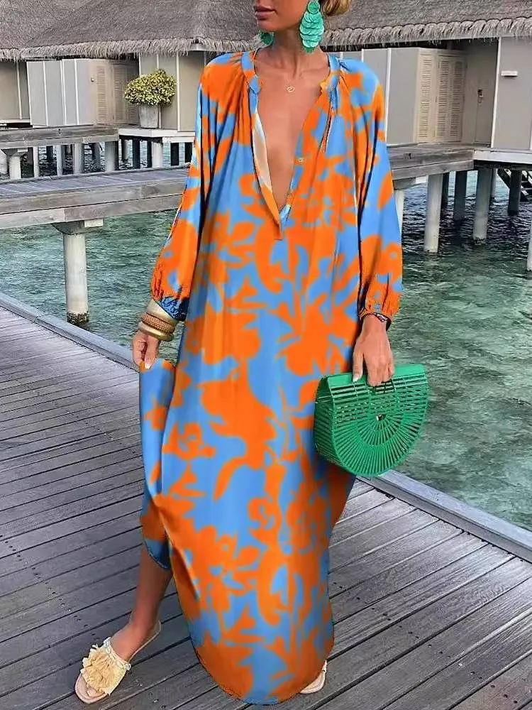 Printed V-neck Long-sleeved Loose Dress