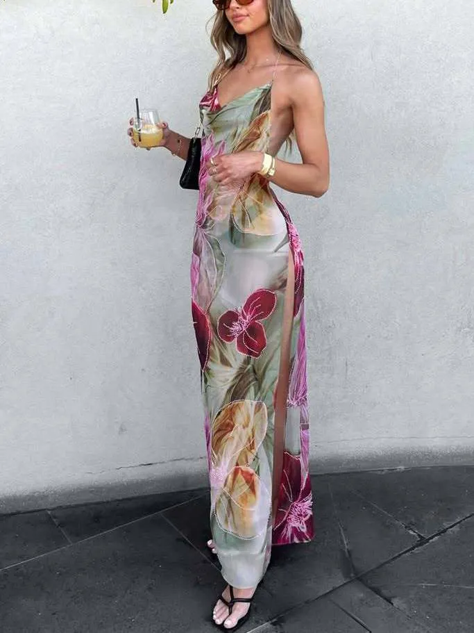 Halter Neck Backless High Slit Printed Dress