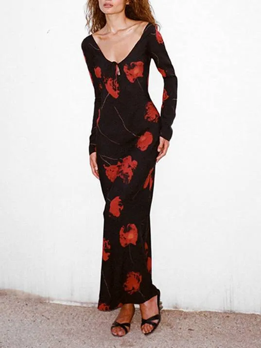 Printed V-neck High-waisted Hip Dress