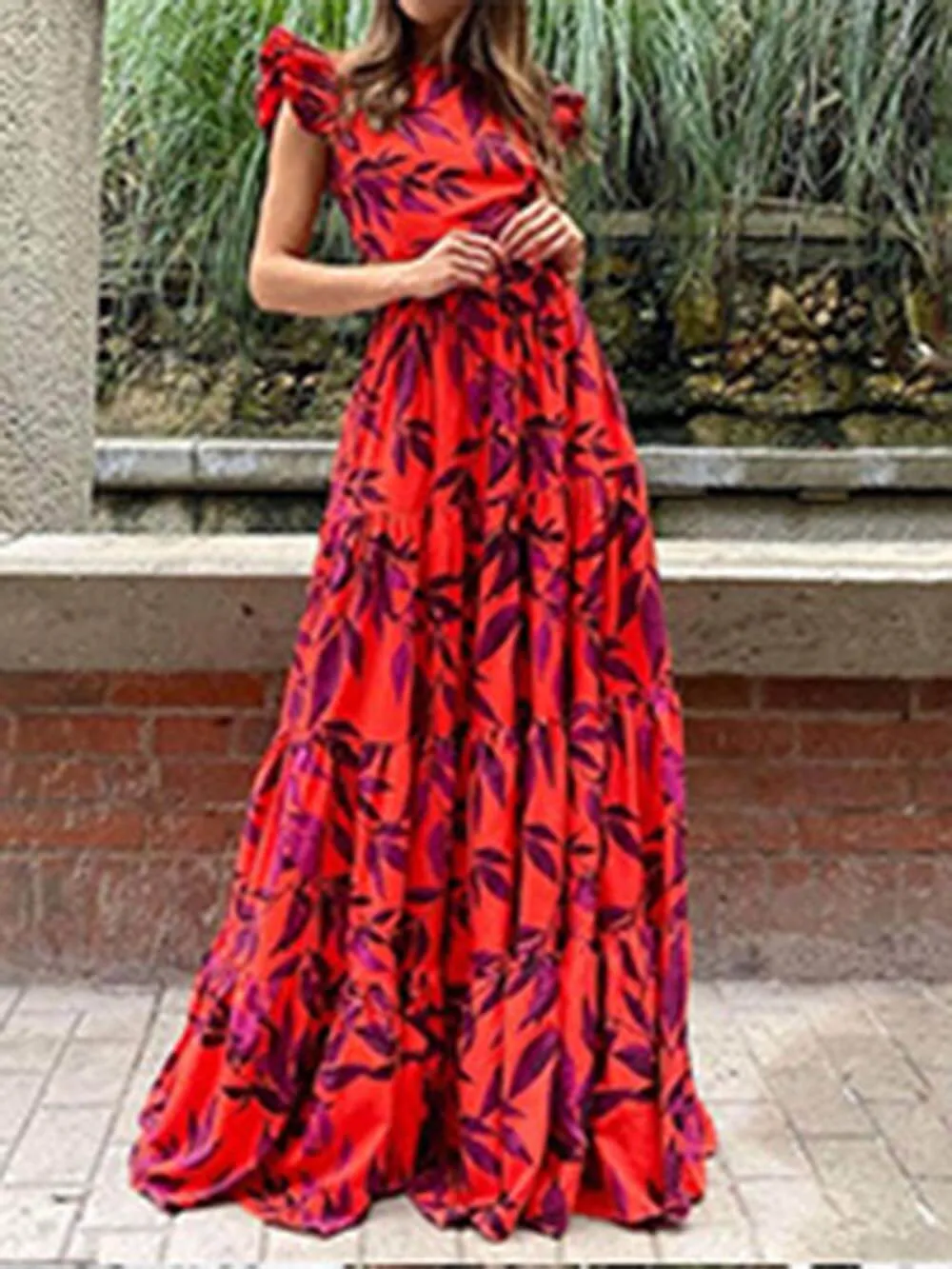 Fashion Printed Flying Sleeve High Waist Maxi Dress