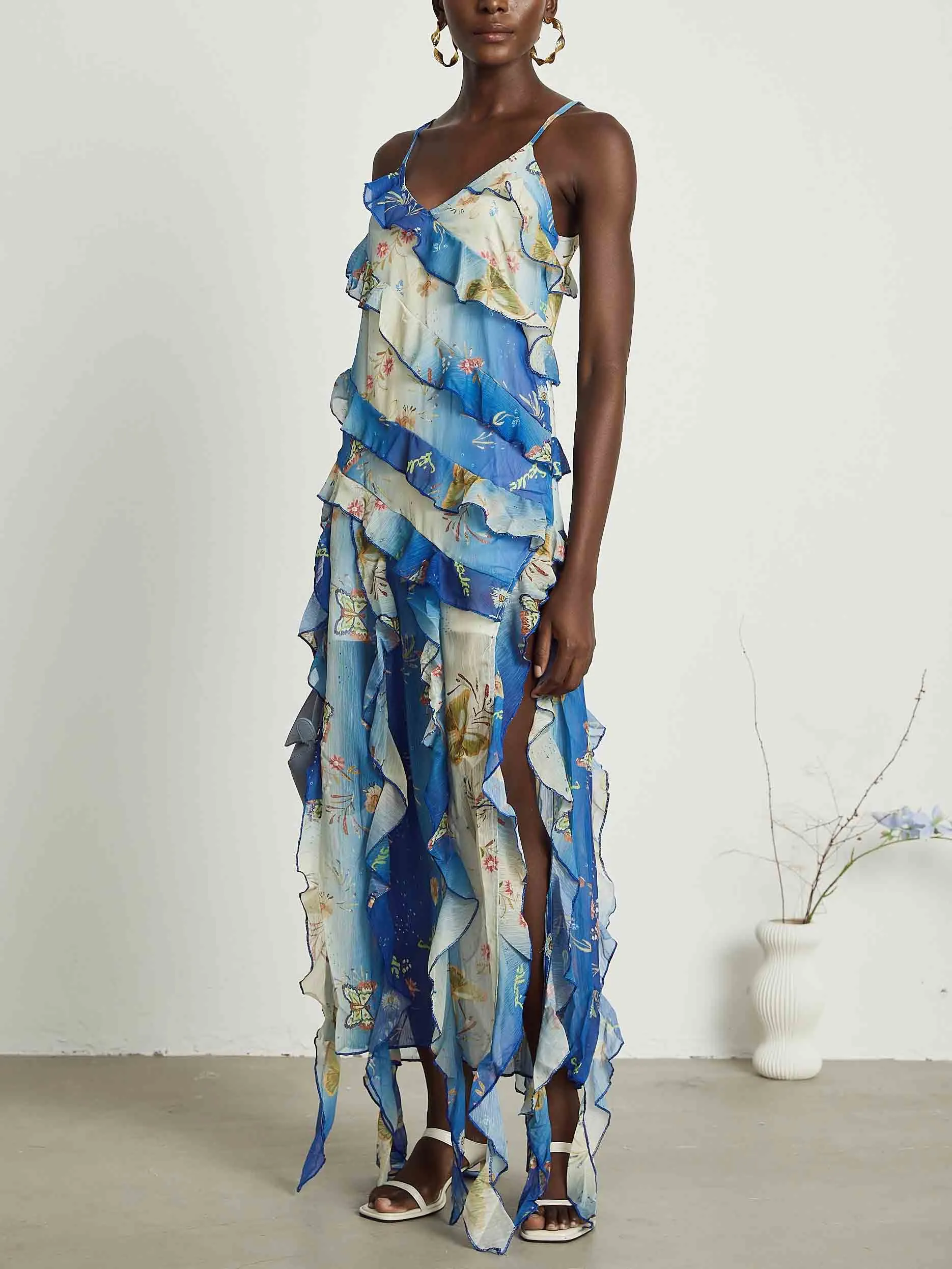 Delicate Butterfly Gradient Print Ruffle Ribbon Maxi Dress