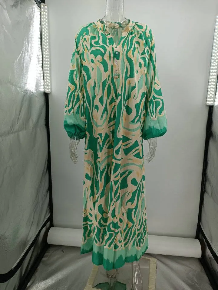 Printed V-neck Long-sleeved Loose Dress