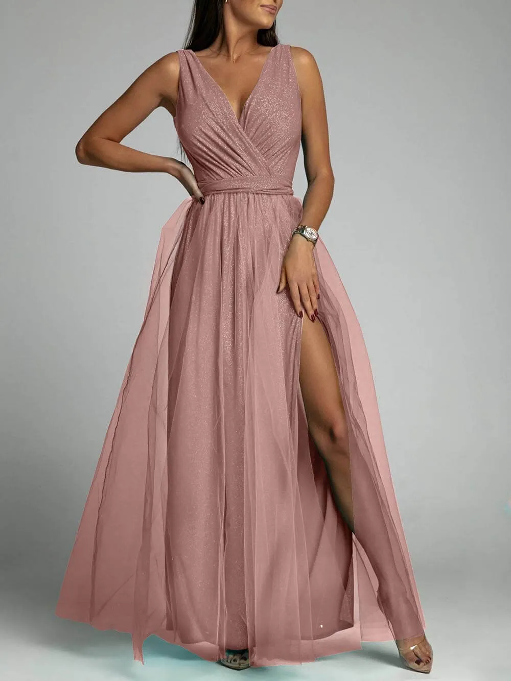 Elegant And Sexy V-Neck Waisted Slit Long Swing Maxi Dress
