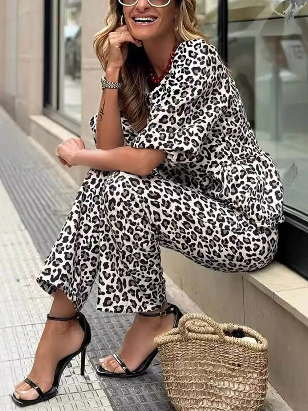 Casual Leopard Print Top And Pants Set