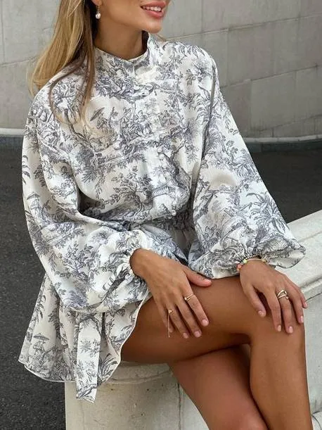 Printed Bubble Sleeve Stand Collar Dress