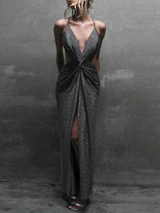 Sparkling Deep V Sling Slit Backless Dress