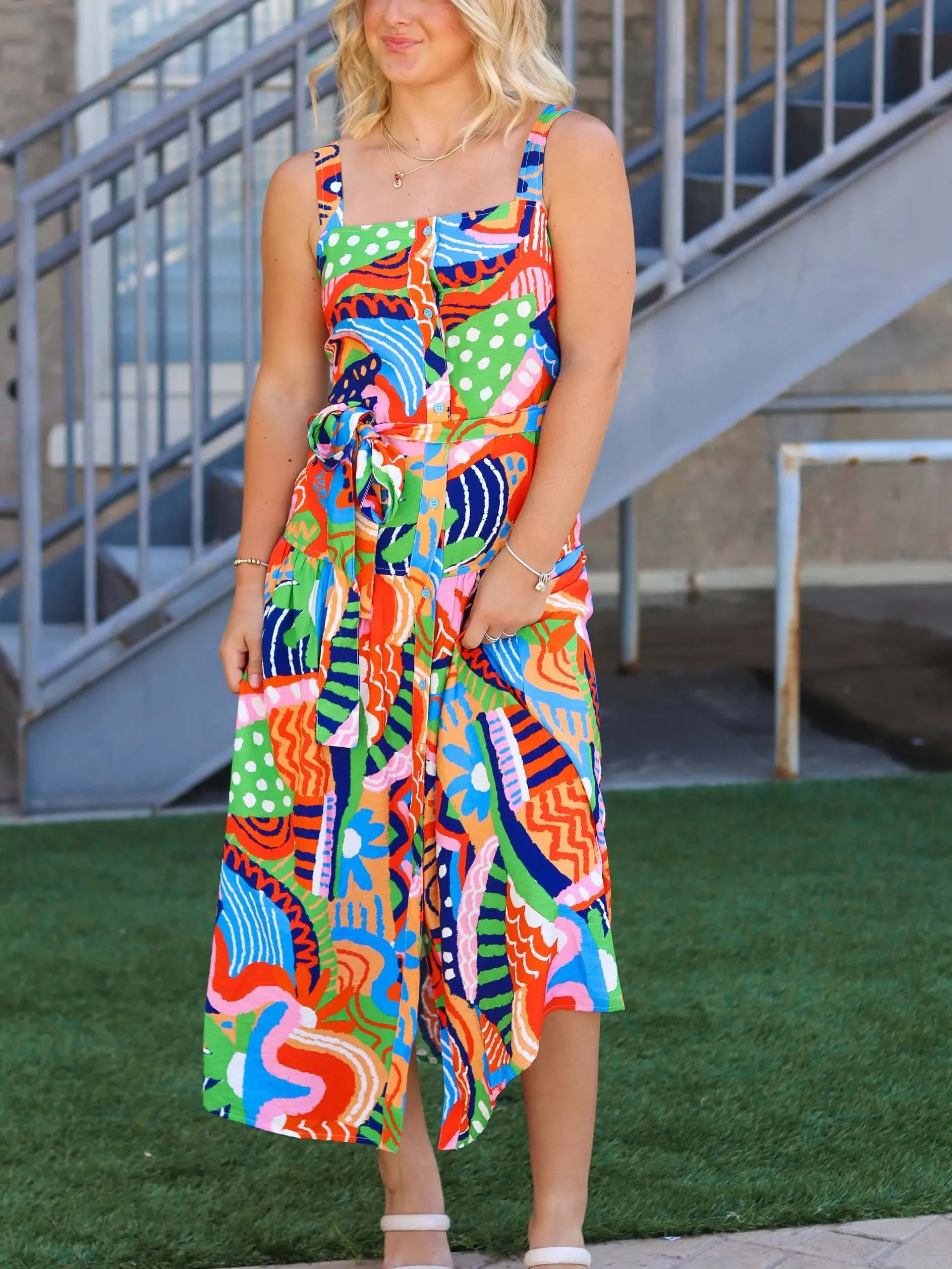 Suspender Printed Midi Dress