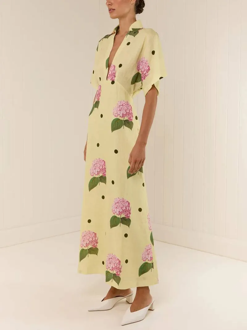 Deep V-Neck Printed Long Dress