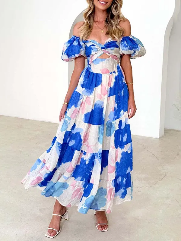 Sweet Blooming Floral Print Puff Sleeve Midi Dress
