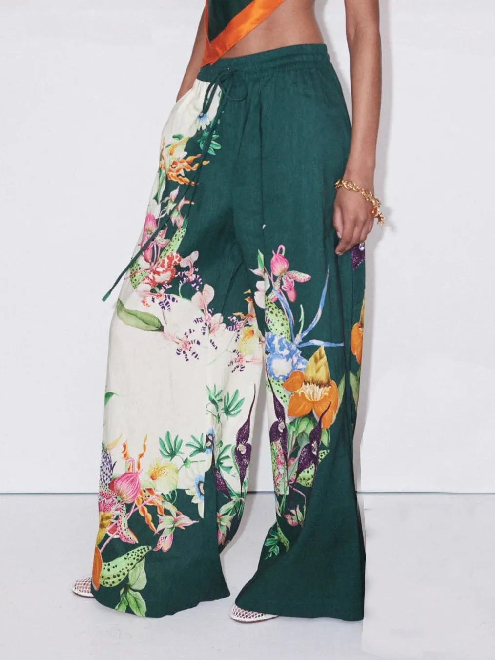Unique Positioning Retro Print Loose Wide-Leg Pants