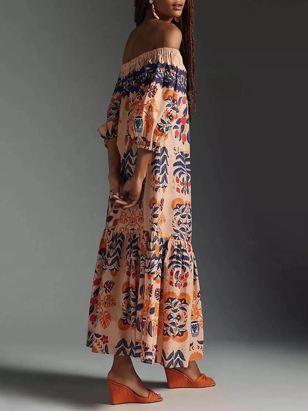 Retro Island Lover Printed Off The Shoulder Pocketed Flowy Midi Dress