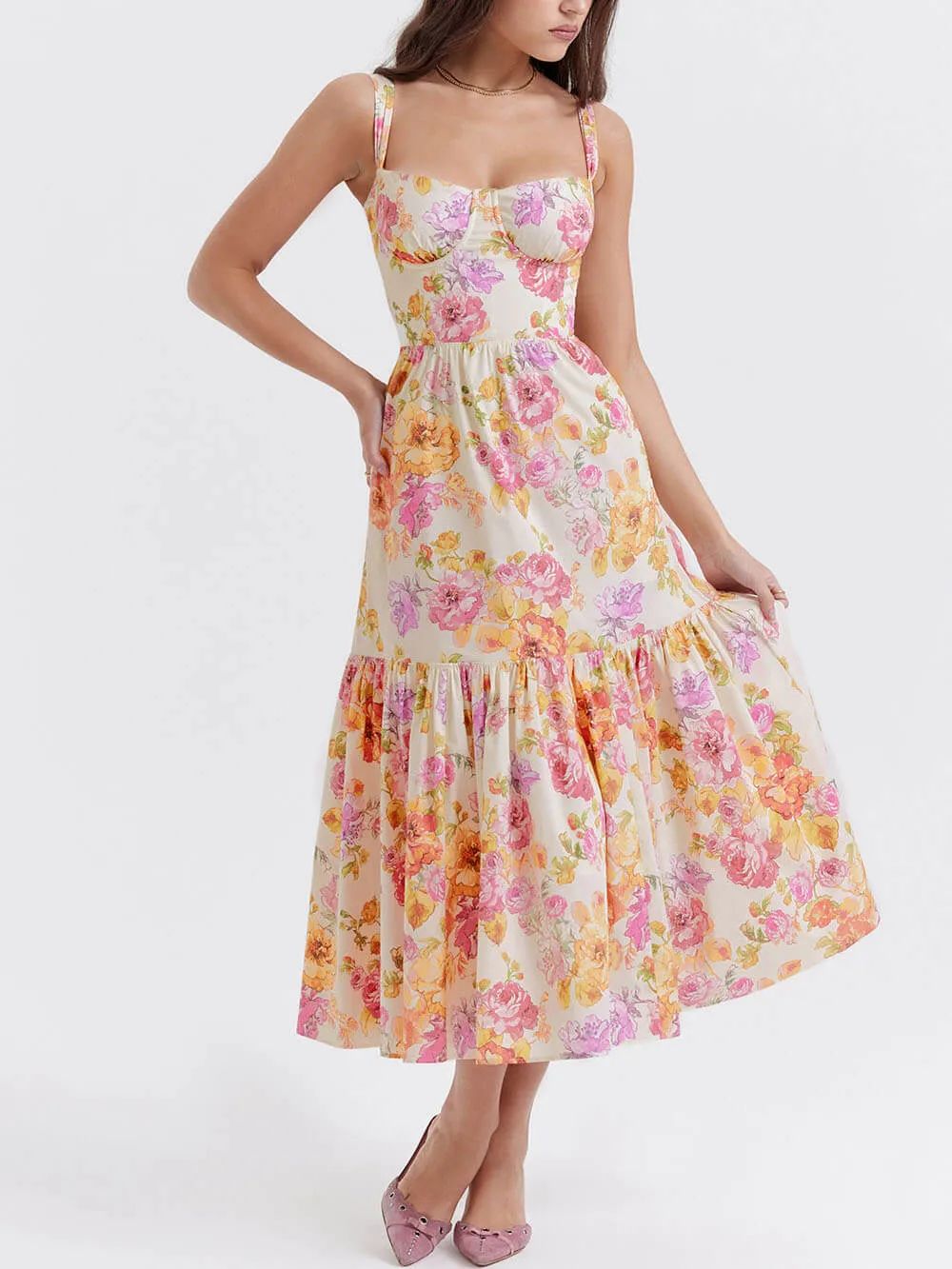 Strap A-Hem Floral Midi Dress