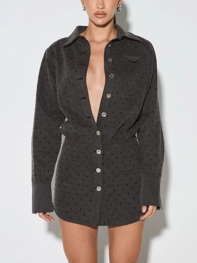 Fashion Waist Rhinestone Button Shirt Mini Dress
