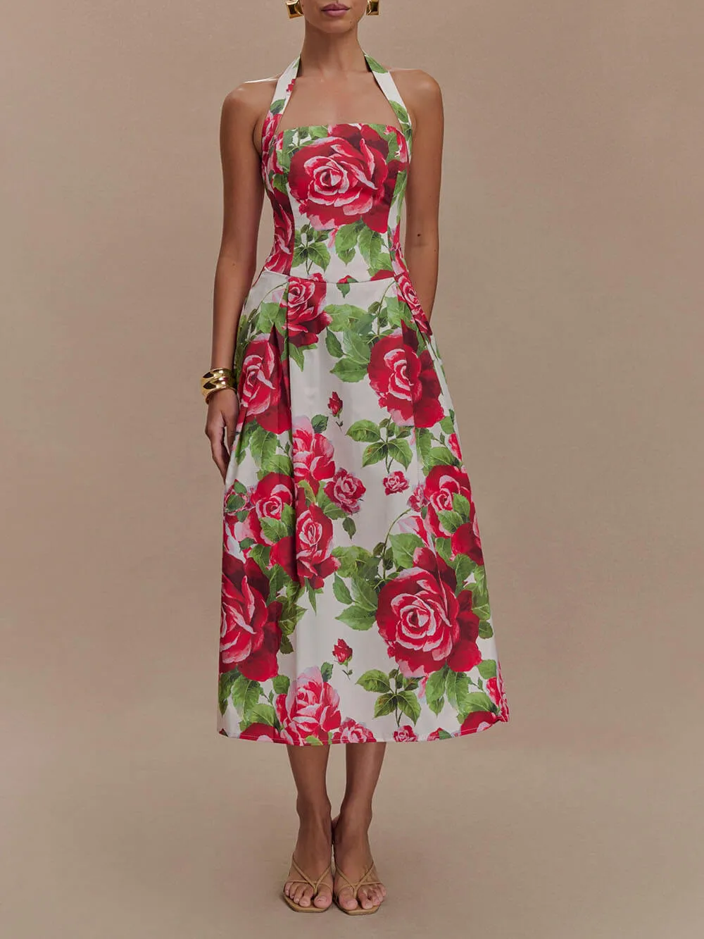 Elegant and Stunning Large Rose Printed Backless Pleated Midi Dress