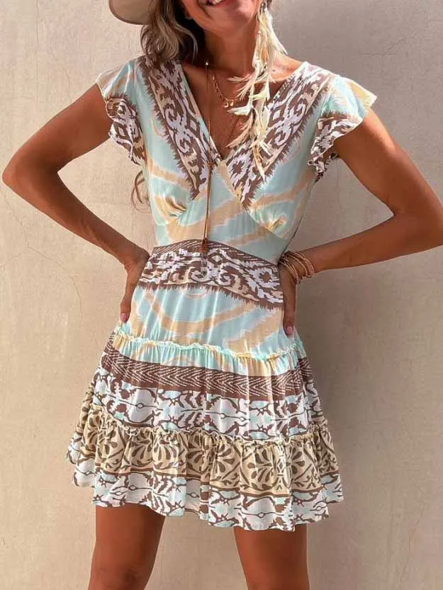Casual Bohemian Print V Neck Mini Dress