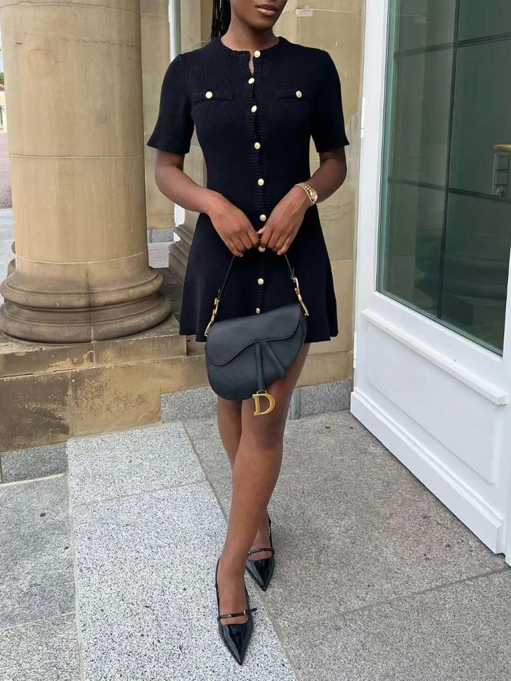 Delicate Short Sleeve Button Knit Mini Dress