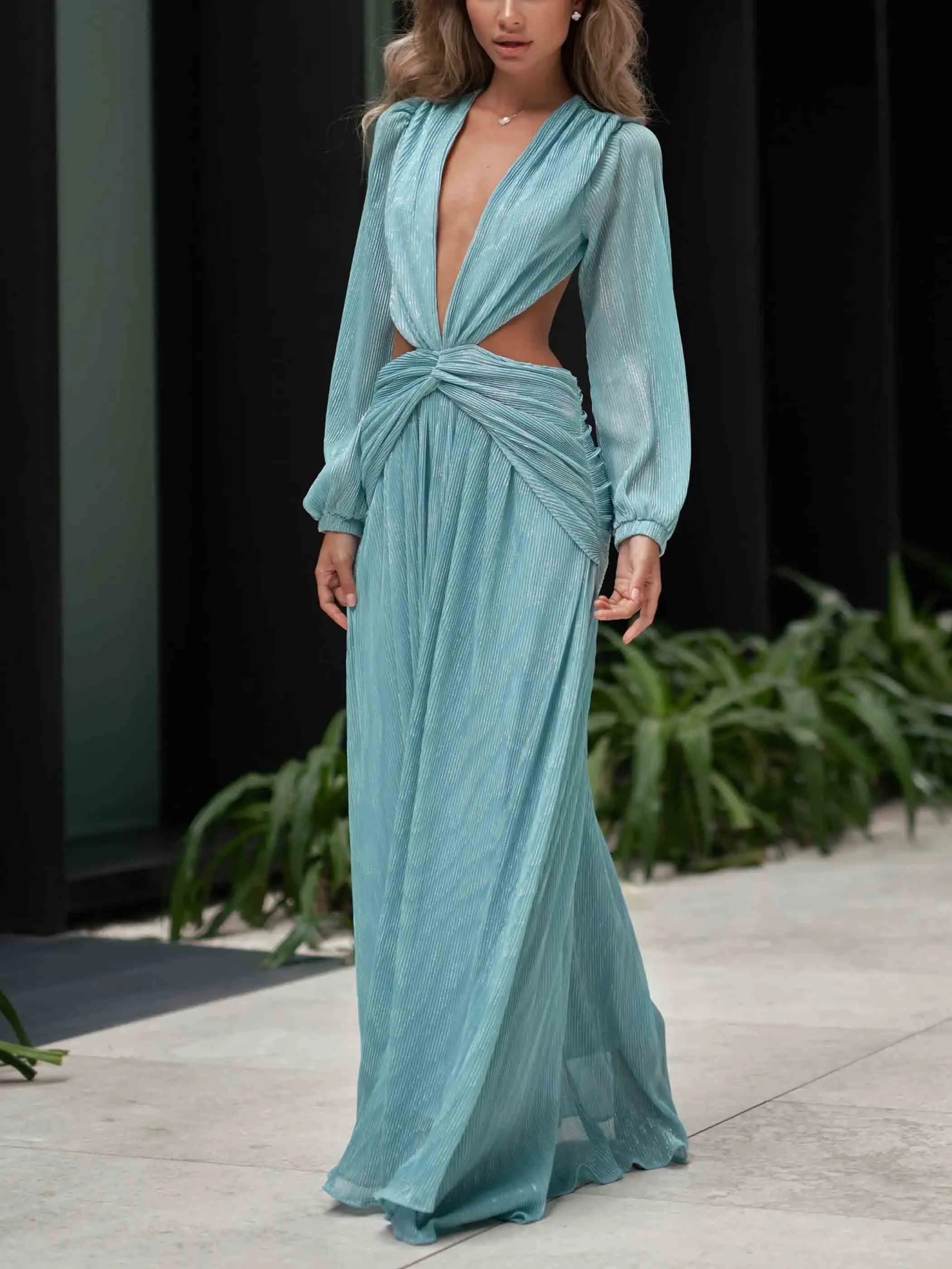 Elegant Deep V Neck Cutout Pleated Maxi Dress