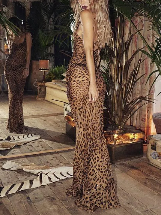 Suspender Backless Leopard Print Dress