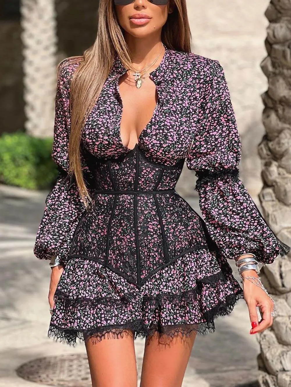 Sweet Floral Print Waisted Long Sleeve Lace Mini Dress