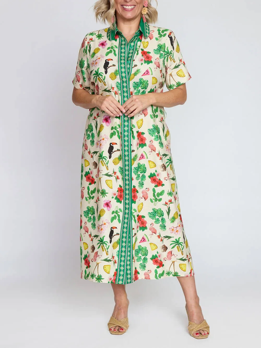 Modern Fruity Floral Unique Print Loose Tie Midi Shirtdress