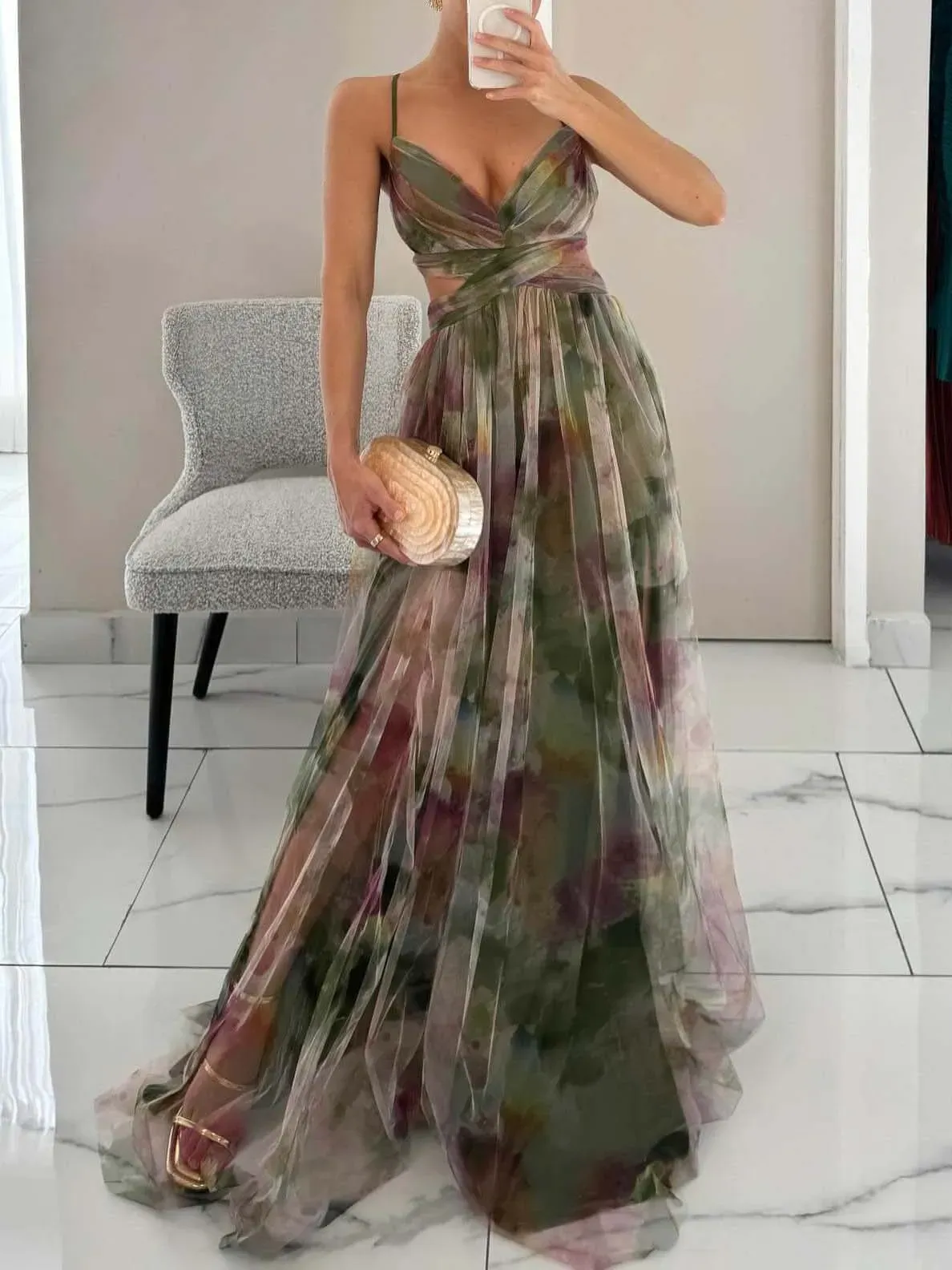 Elegant Painted Floral Print V-Neck A-Line Maxi Dress