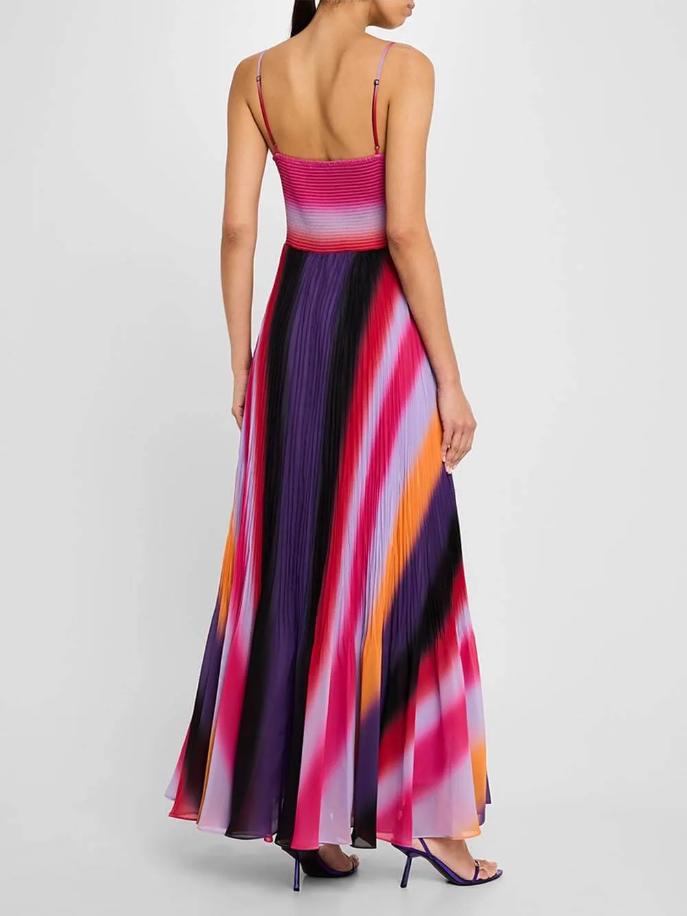 Elegant Pleated Ombre Striped Maxi Dress