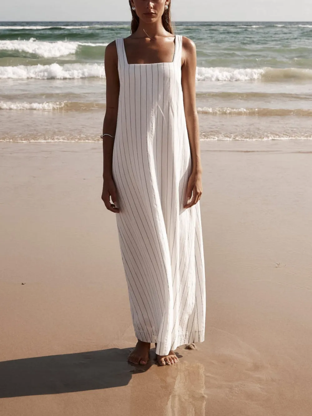 White With Charcoal Pinstripe Maxi Dress