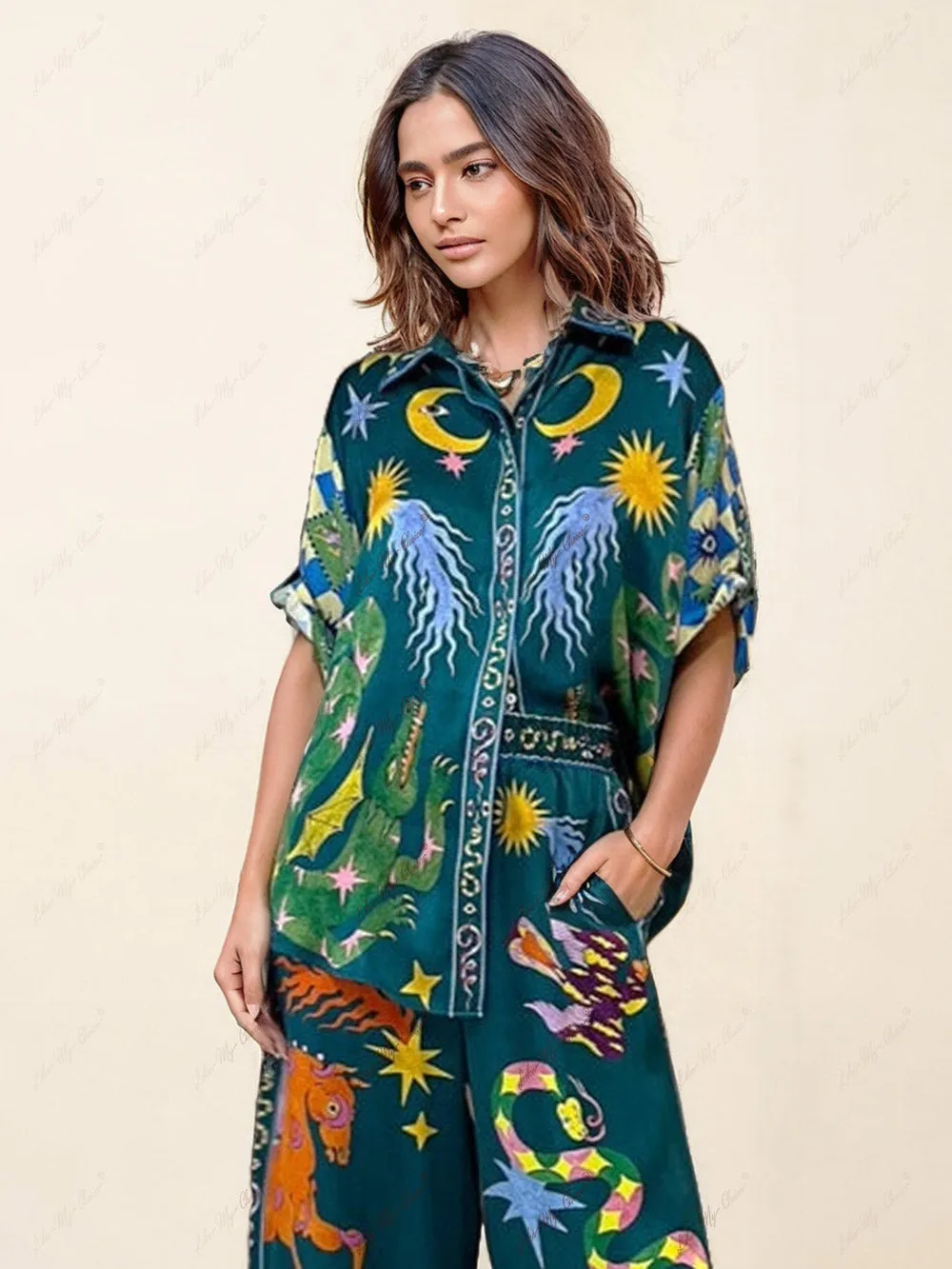 Unique Print Elastic Waist Pocketed Wide Leg Pants Set