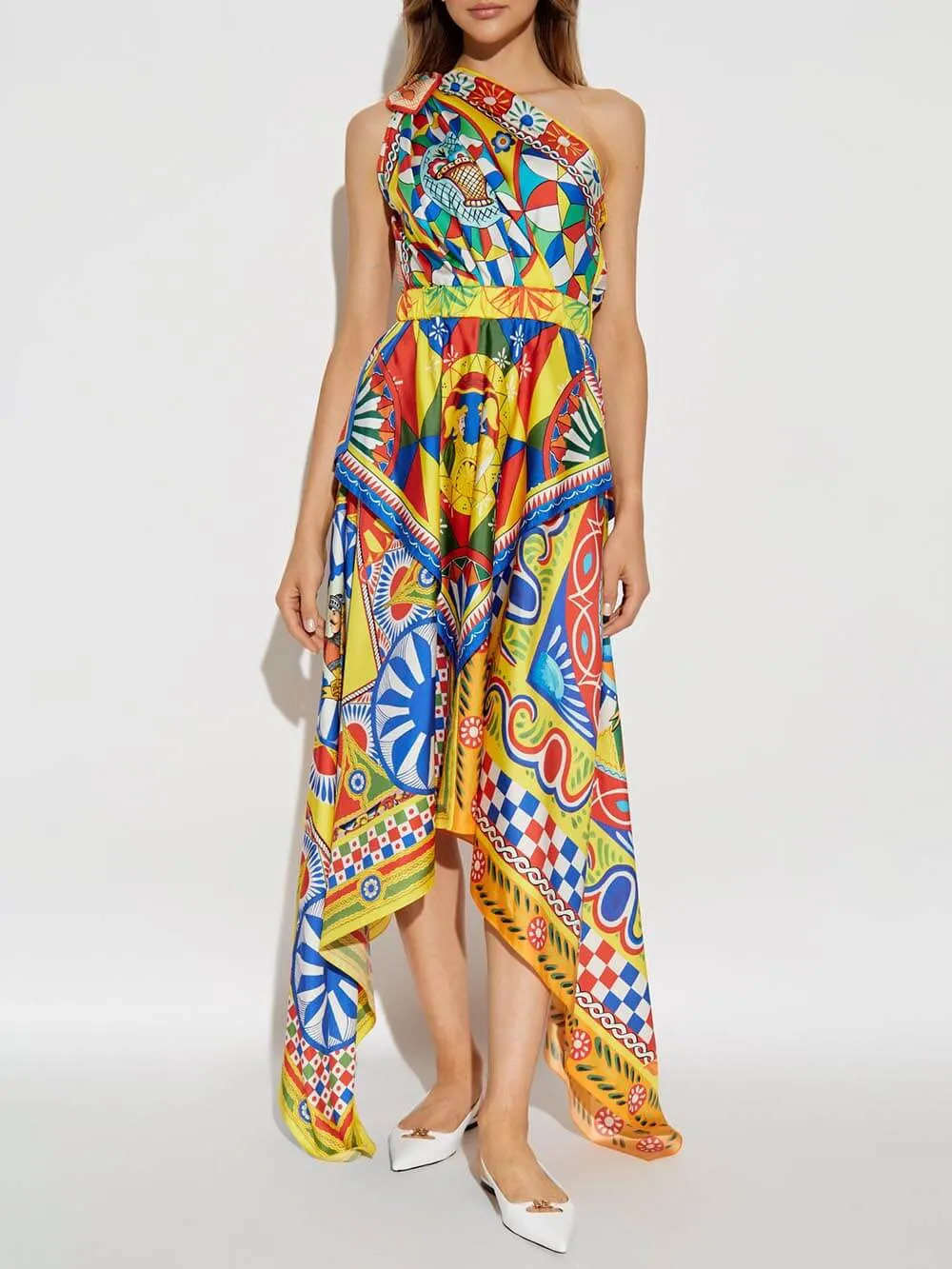 Unique Printed One-Shoulder Irregular Midi Dress