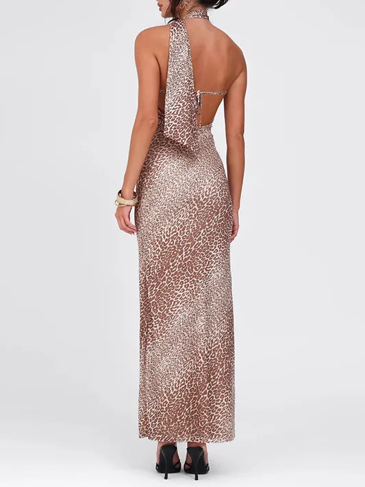 Sloping Shoulder Halterneck Long Ribbon Leopard Backless Dress
