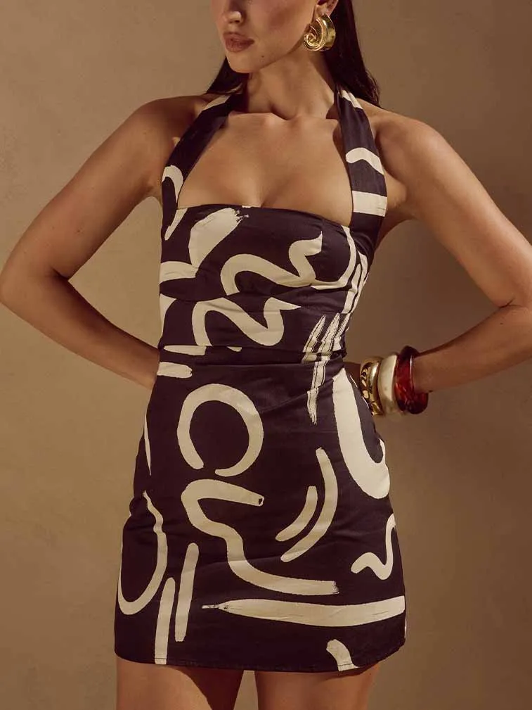 Abstract Print Statement Halter Neck Mini Dress
