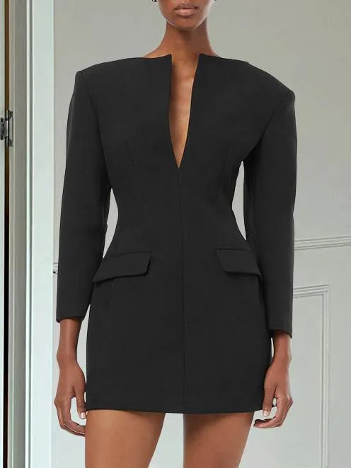 Deep V-Neck Tight Waist Suit Dress